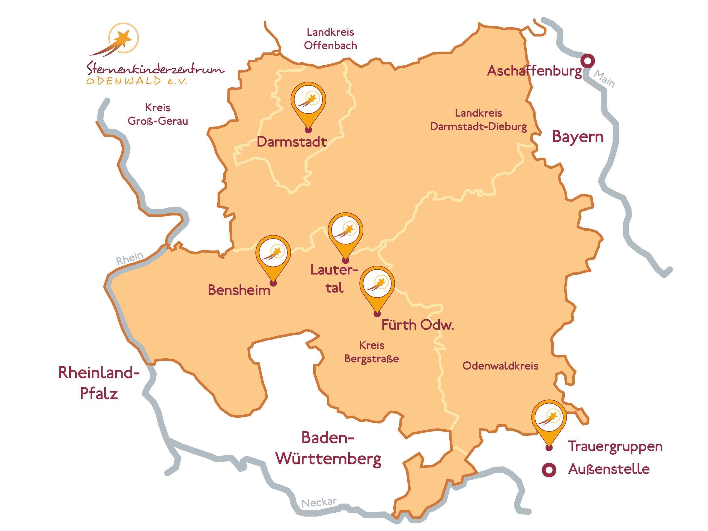 211125_SKZO_Gebietskarte_Trauergruppen_3x4 Gebietskarte Sternenkinderzentrum Odenwald Trauergruppen Bergstraße Darmstadt Dieburg Sternenkind